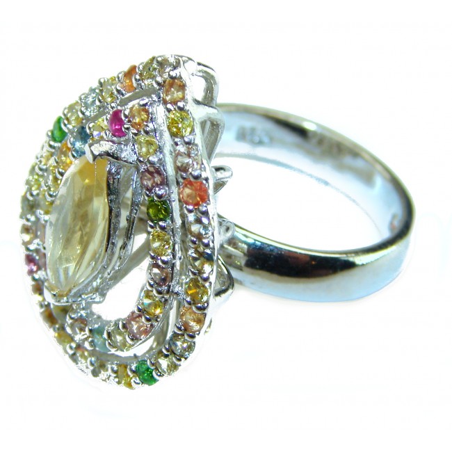Authentic 17.5 carat Yellow Sapphire .925 Sterling Silver brilliantly handcrafted Statement ring s. 7 - Side view of a colorful gemstone ring with yellow sapphire centerpiece.