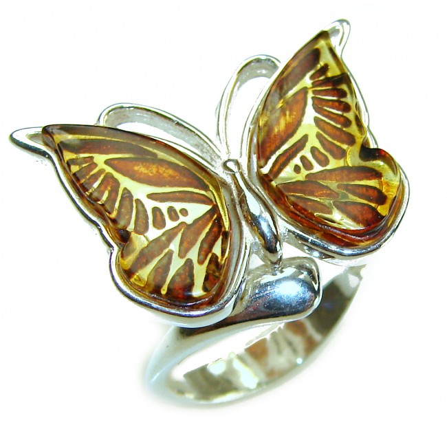 Butterfly Authentic carved Baltic Amber .925 Sterling Silver handcrafted ring; s. 7 adjustable - photo 3