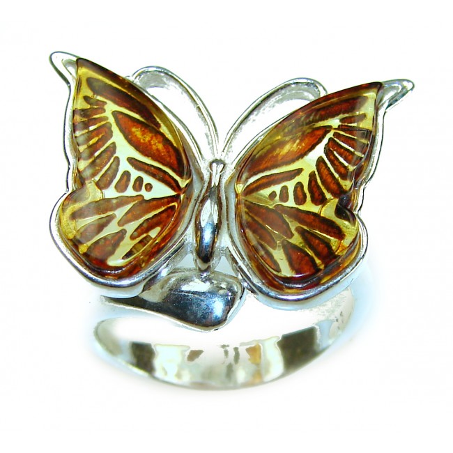 Butterfly Authentic carved Baltic Amber .925 Sterling Silver handcrafted ring; s. 7 adjustable - photo 2