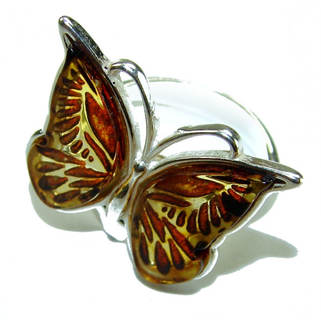 Butterfly Authentic carved Baltic Amber .925 Sterling Silver handcrafted ring; s. 7 adjustable - photo 1