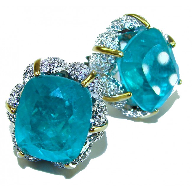 Wild Ocean baguette cut 27.5 carat Emerald 2 tones .925 Sterling Silver handmade Statement earrings - Close-up of Wild Ocean baguette cut emerald earrings with diamonds