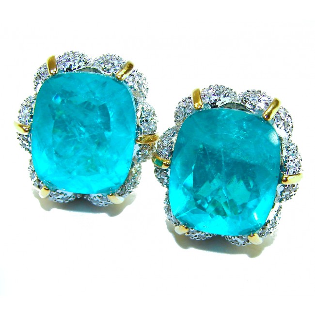 Wild Ocean baguette cut 27.5 carat Emerald 2 tones .925 Sterling Silver handmade Statement earrings - Close-up of Wild Ocean baguette cut 27.5 carat emerald earrings.