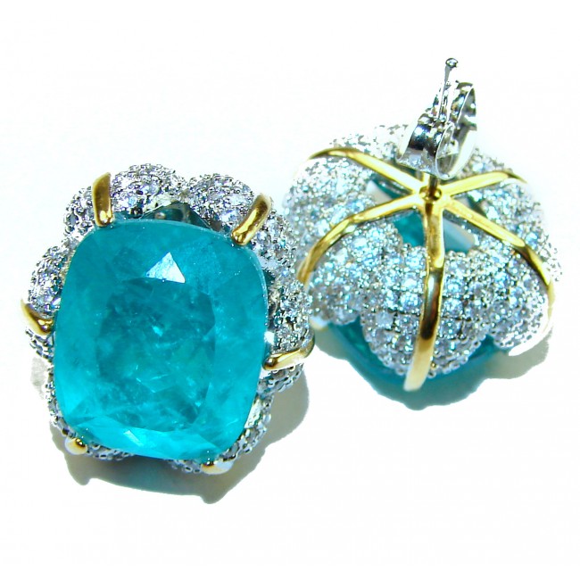 Wild Ocean baguette cut 27.5 carat Emerald 2 tones .925 Sterling Silver handmade Statement earrings - Close-up of Wild Ocean baguette cut 27.5 ct Emerald earrings.