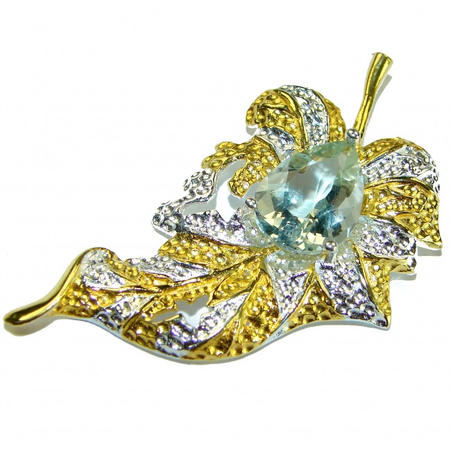Precous Leaf Genuine Green Amethst 18K Gold over .925 Sterling Silver handcrafted Statement pendant - Leaf-shaped pendant with green amethyst, front view, gold and silver detail.