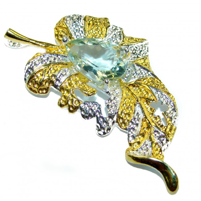 Precous Leaf Genuine Green Amethst 18K Gold over .925 Sterling Silver handcrafted Statement pendant - Leaf-shaped brooch, top view, green amethyst, gold and silver details.