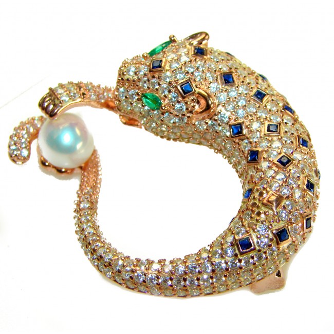 Precious Wild Cheetah 29.8 carat Sapphire Emerald 18K Rose Gold over .925 Sterling Silver handmade Pendant Brooch