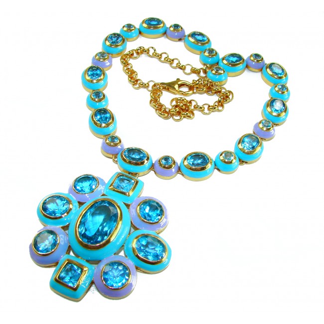 Atlantica - 218.5 carat genuine Swiss Blue Topaz turquoise blue and purple enamel 18K Gold over .925 Sterling Silver handmade Statement necklace