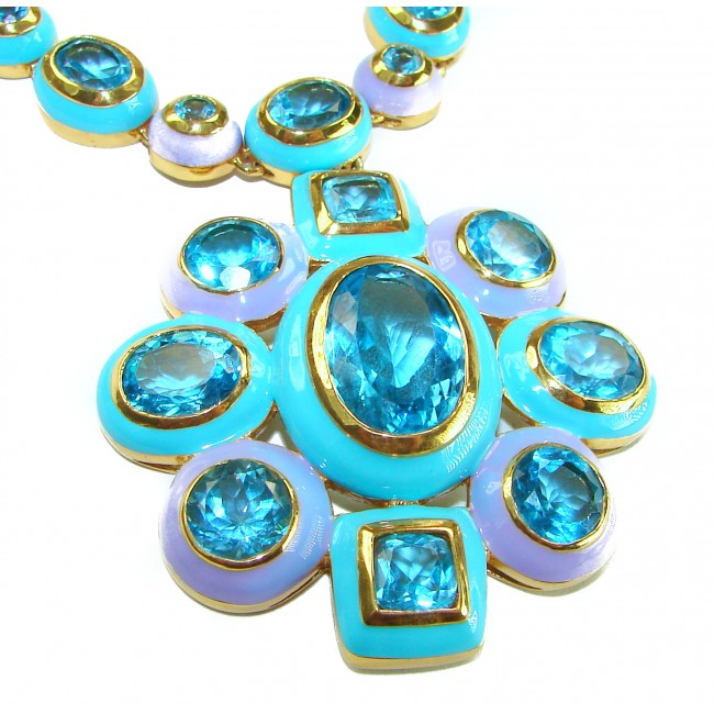 Atlantica - 218.5 carat genuine Swiss Blue Topaz turquoise blue and purple enamel 18K Gold over .925 Sterling Silver handmade Statement necklace
