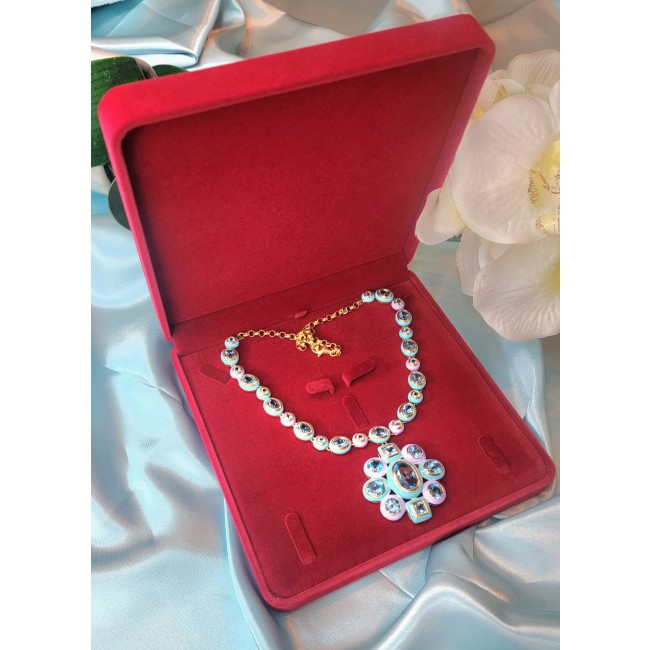 Atlantica - 218.5 carat genuine Swiss Blue Topaz turquoise blue and purple enamel 18K Gold over .925 Sterling Silver handmade Statement necklace