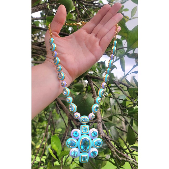 Atlantica - 218.5 carat genuine Swiss Blue Topaz turquoise blue and purple enamel 18K Gold over .925 Sterling Silver handmade Statement necklace