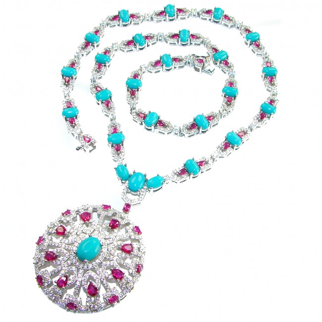 Serenity - 78.5 carat genuine Sleeping Beauty Turquoise 10.5 carat Ruby .925 Sterling Silver handmade Statement necklace