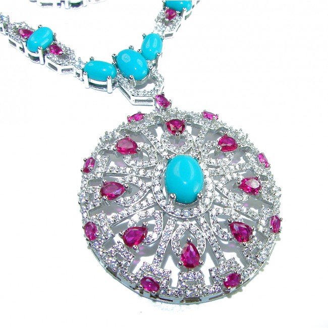 Serenity - 78.5 carat genuine Sleeping Beauty Turquoise 10.5 carat Ruby .925 Sterling Silver handmade Statement necklace