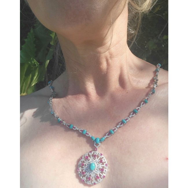 Serenity - 78.5 carat genuine Sleeping Beauty Turquoise 10.5 carat Ruby .925 Sterling Silver handmade Statement necklace