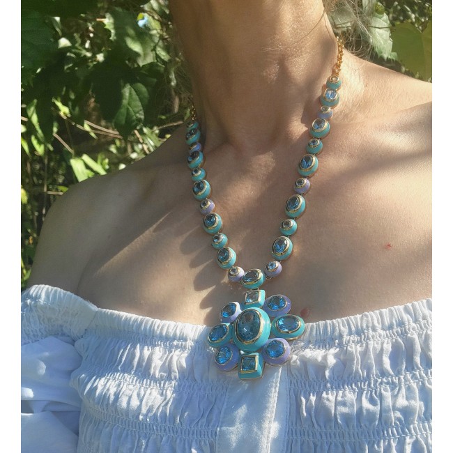 Atlantica - 218.5 carat genuine Swiss Blue Topaz turquoise blue and purple enamel 18K Gold over .925 Sterling Silver handmade Statement necklace