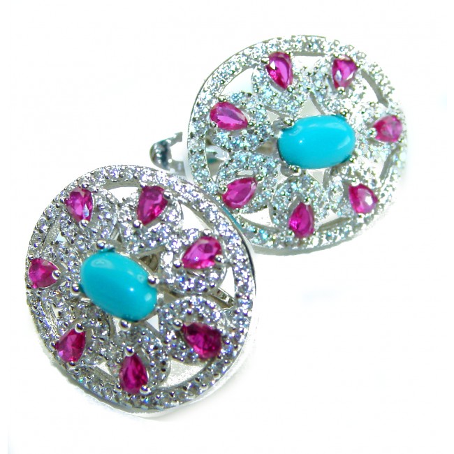 Serenity- 10.5 carat genuine Blue Turquoise 4.5 carat Ruby .925 Sterling Silver handmade Statement Earrings