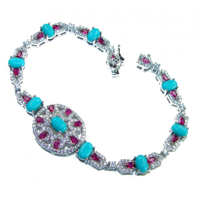 Serenity- 21.5 carat genuine Swiss Blue Turquoise 9.5 carat Ruby .925 Sterling Silver handmade Statement Bracelet