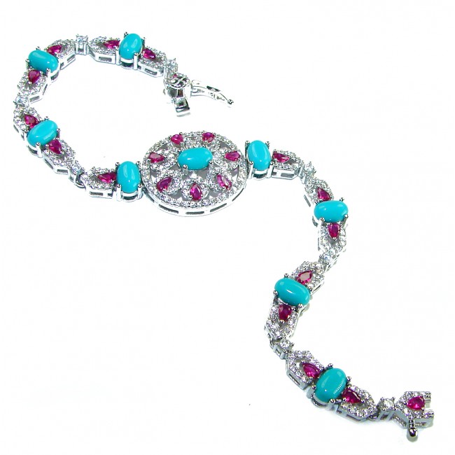 Serenity- 21.5 carat genuine Swiss Blue Turquoise 9.5 carat Ruby .925 Sterling Silver handmade Statement Bracelet