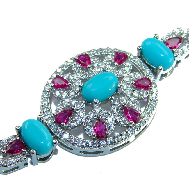 Serenity- 21.5 carat genuine Swiss Blue Turquoise 9.5 carat Ruby .925 Sterling Silver handmade Statement Bracelet
