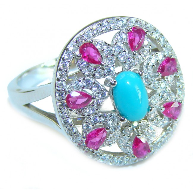 Serenity- 3.5 carat genuine Blue Turquoise 2.5 carat Ruby .925 Sterling Silver handmade Statement ring s. 7 3/4