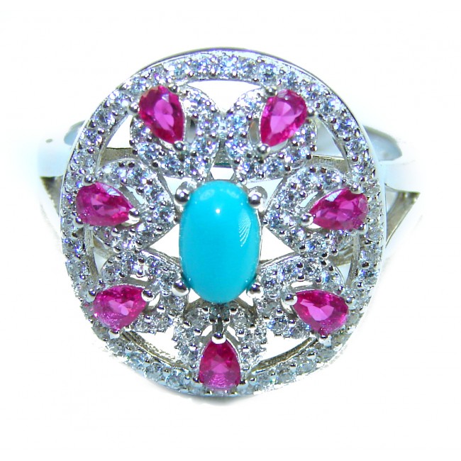 Serenity- 3.5 carat genuine Blue Turquoise 2.5 carat Ruby .925 Sterling Silver handmade Statement ring s. 7 3/4