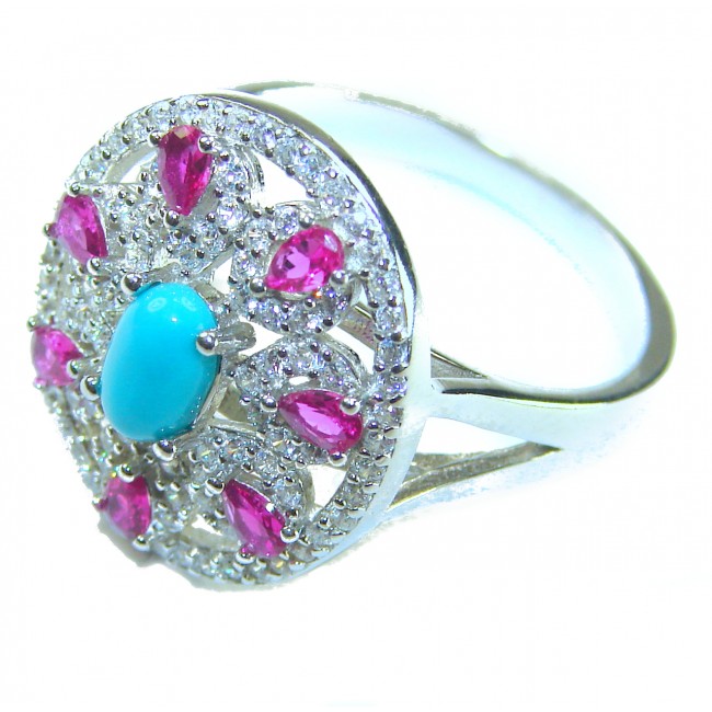 Serenity- 3.5 carat genuine Blue Turquoise 2.5 carat Ruby .925 Sterling Silver handmade Statement ring s. 7 3/4