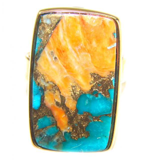 Rare 20.5 carat Oyster Turquoise 18K Gold over .925 Sterling Silver handcrafted Large ring; s. 7 adjustable