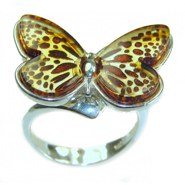 Butterfly Authentic Baltic Amber .925 Sterling Silver handcrafted ring; s. 6 adjustable - Butterfly amber ring in sterling silver, top view.