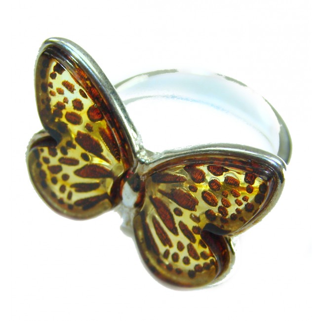Butterfly Authentic Baltic Amber .925 Sterling Silver handcrafted ring; s. 6 adjustable - Butterfly Baltic amber ring in sterling silver, top view.