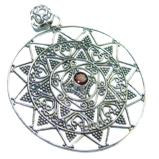 Aztec Sun Design natural Garnet .925 Sterling Silver handcrafted Pendant