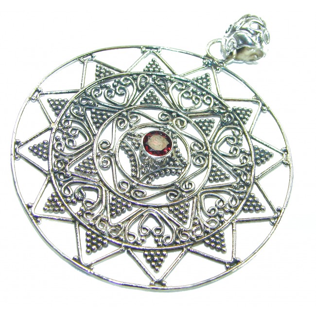 Aztec Sun Design natural Garnet .925 Sterling Silver handcrafted Pendant