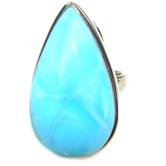 Blue Perfection AAA QUALITY Blue Larimar 18K Rose Gold over .925 Sterling Silver handmade Large ring size 7 adjustable - Close-up of teardrop-shaped blue larimar ring in rose gold setting.