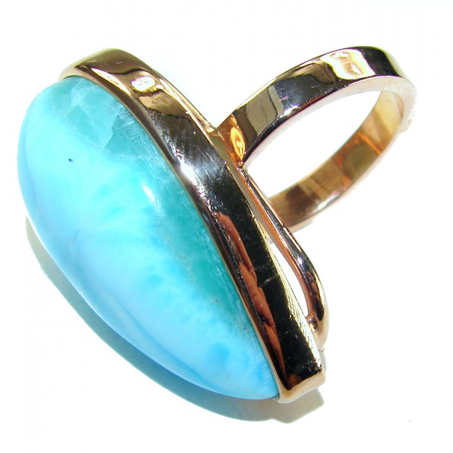 Blue Perfection AAA QUALITY Blue Larimar 18K Rose Gold over .925 Sterling Silver handmade Large ring size 7 adjustable - Side view of Blue Larimar ring in 18K rose gold setting.