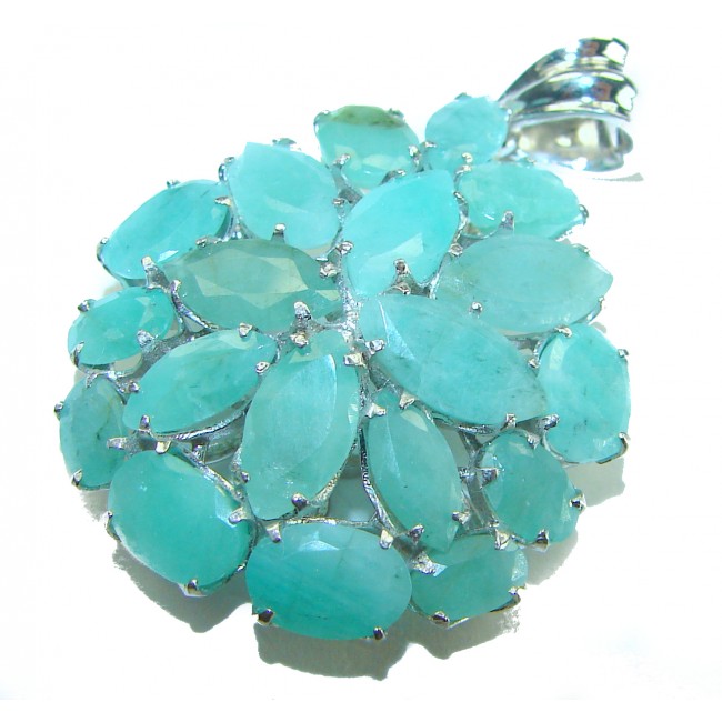 Spectacular 29.8 carat authentic Colombian Emerald .925 Sterling Silver handcrafted Pendant - Close-up of Colombian emerald cluster pendant with silver prongs.