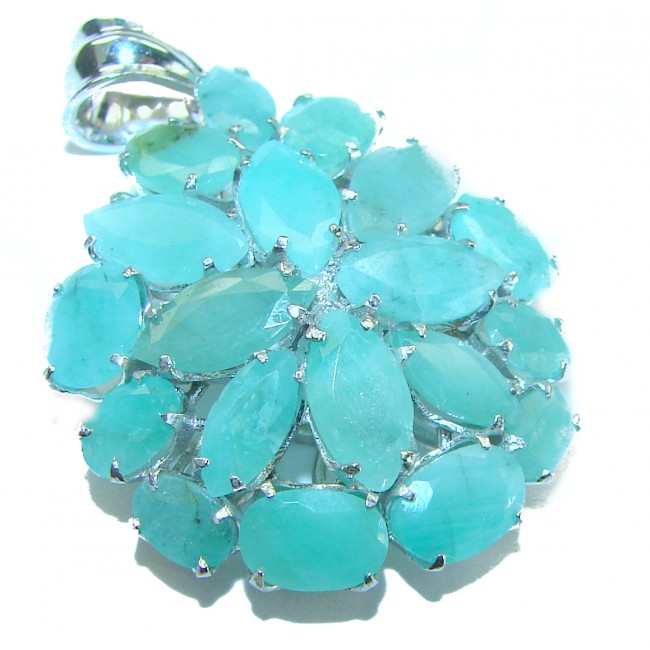 Spectacular 29.8 carat authentic Colombian Emerald .925 Sterling Silver handcrafted Pendant - Close-up of Colombian emerald cluster pendant with silver setting.