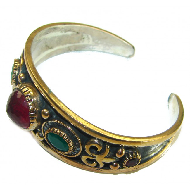 Victorian Style 22.5 carat Ruby Emerald & White Topaz .925 Sterling Silver Bracelet / Cuff