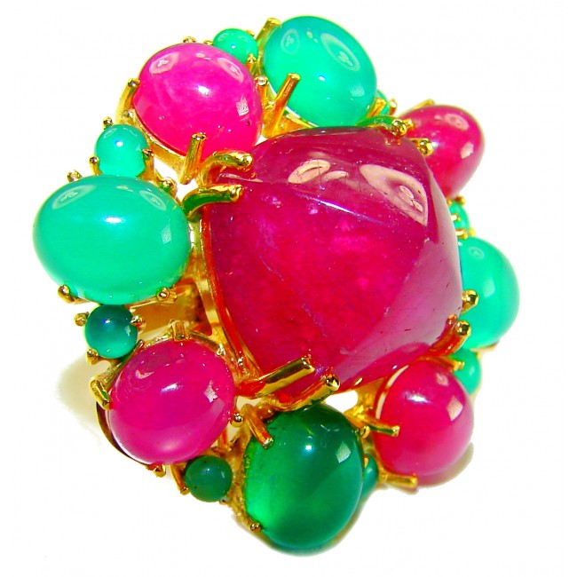 65.5 carat An exuberantly Large Renaissance Style Ruby Emerald 18K Gold over .925 Sterling Silver Perfectly handcrafted Ring s. 6