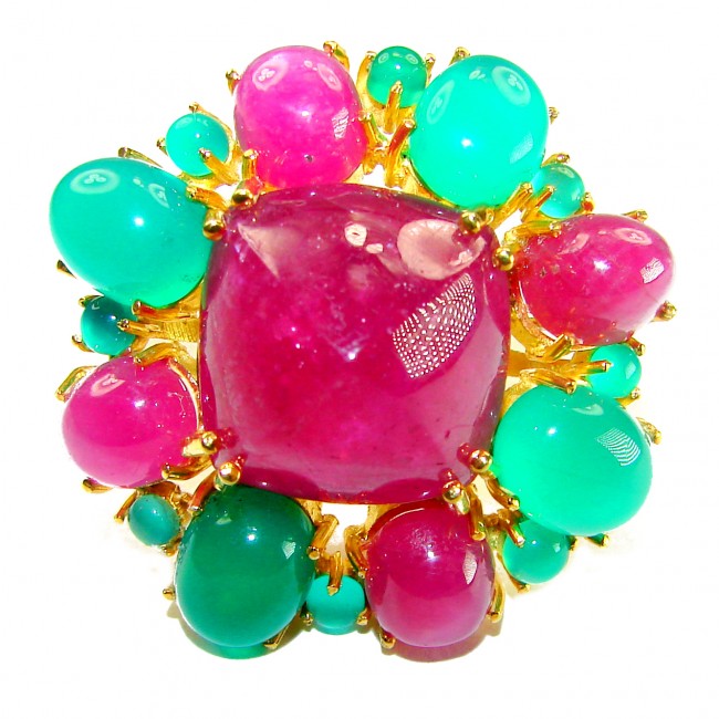 65.5 carat An exuberantly Large Renaissance Style Ruby Emerald 18K Gold over .925 Sterling Silver Perfectly handcrafted Ring s. 6