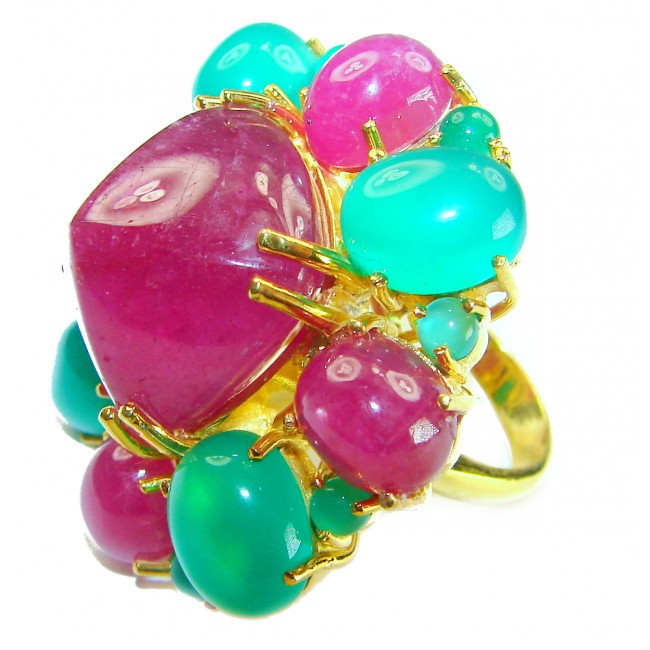 65.5 carat An exuberantly Large Renaissance Style Ruby Emerald 18K Gold over .925 Sterling Silver Perfectly handcrafted Ring s. 6
