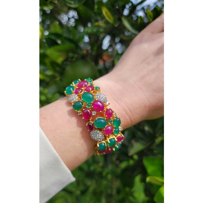 175.5 carat An exuberantly Large Renaissance Style Ruby Emerald 18K Gold over .925 Sterling Silver handcrafted Bracelet