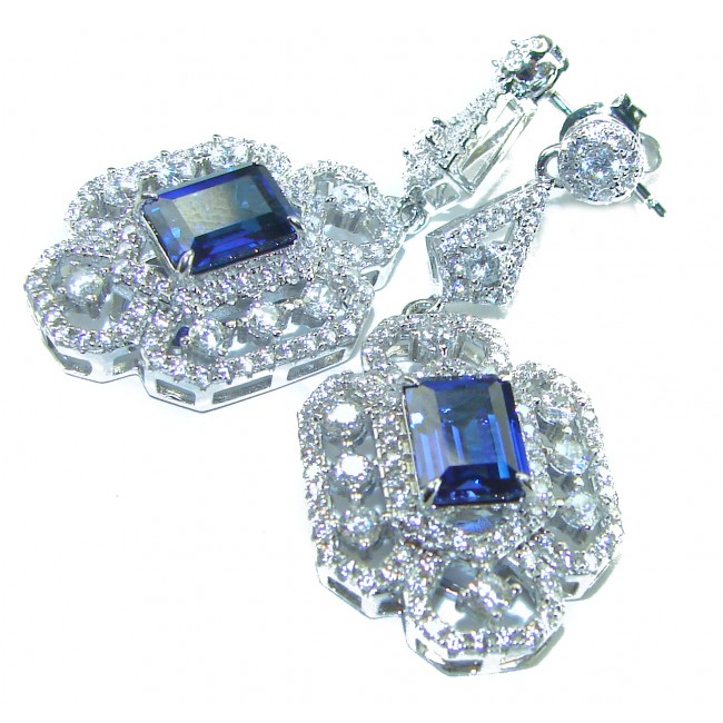 Luxurious 6.5 carat Sapphire White Sapphire .925 Sterling Silver handcrafted Statement earrings - Close-up of luxurious sapphire and white sapphire earrings