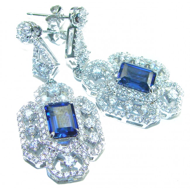 Luxurious 6.5 carat Sapphire White Sapphire .925 Sterling Silver handcrafted Statement earrings - Luxurious sapphire earrings, front view, with intricate white sapphire detail