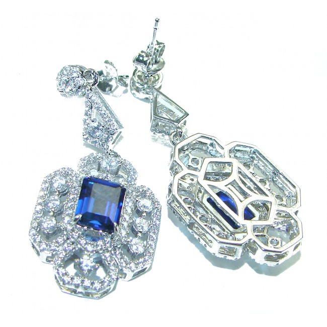 Luxurious 6.5 carat Sapphire White Sapphire .925 Sterling Silver handcrafted Statement earrings - Close-up of luxurious sapphire and white sapphire earrings.