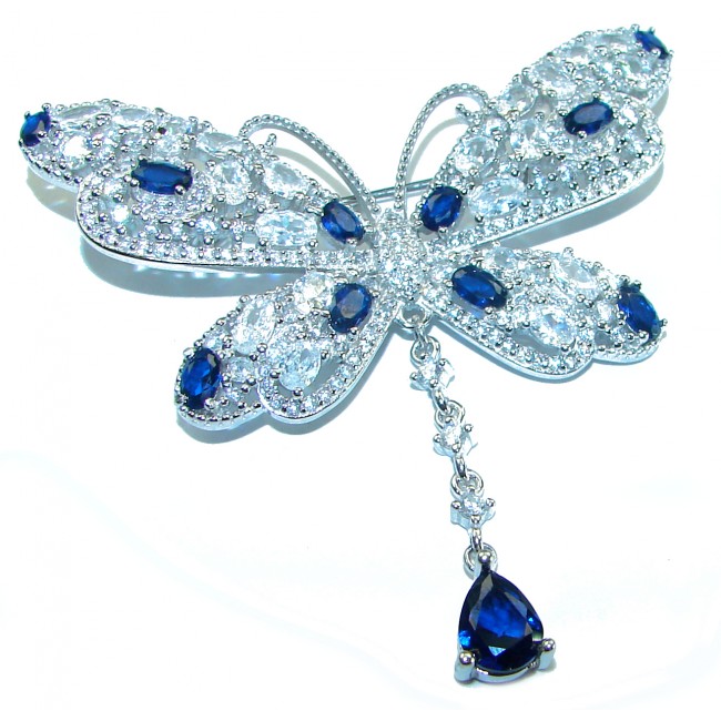 Vintage Design - Blue Butterfly - Genuine 10.2 carat Sapphire 14k White Gold over .925 Sterling Silver handmade Pendant Brooch