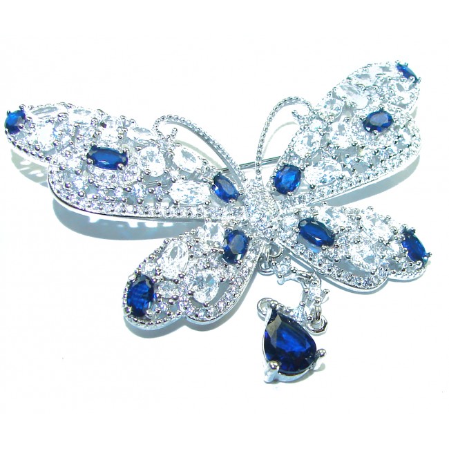 Vintage Design - Blue Butterfly - Genuine 10.2 carat Sapphire 14k White Gold over .925 Sterling Silver handmade Pendant Brooch