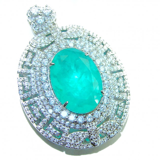 Luxurious 18.5 carat Emerald White Sapphire .925 Sterling Silver handcrafted pendant - Emerald pendant with white sapphires, top view, sterling silver.