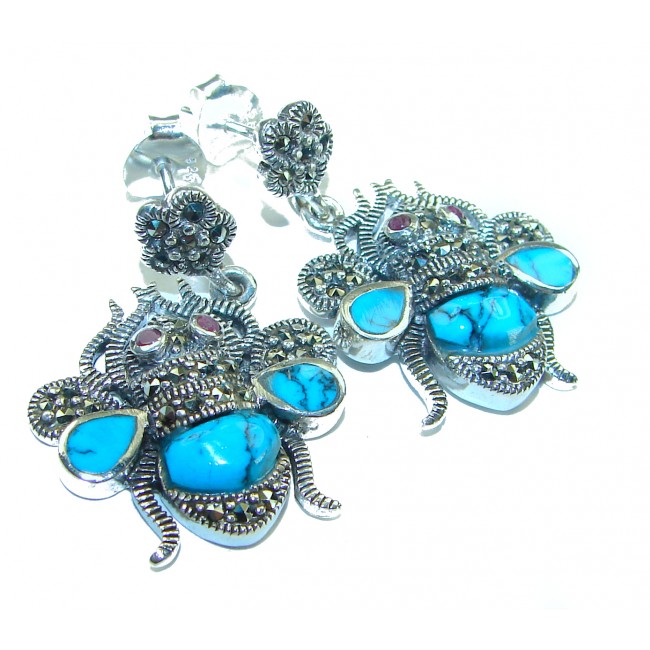 Blue Bees inlay Turquoise Ruby Marcasite .925 Sterling Silver Handcrafted earrings