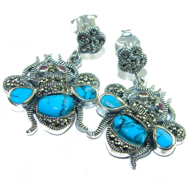Blue Bees inlay Turquoise Ruby Marcasite .925 Sterling Silver Handcrafted earrings