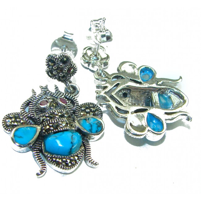 Blue Bees inlay Turquoise Ruby Marcasite .925 Sterling Silver Handcrafted earrings