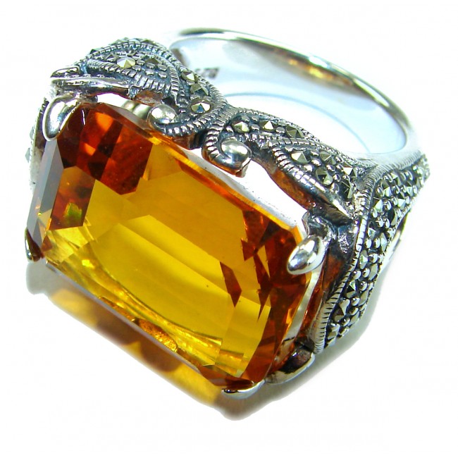 Golden Royalty 34.5 carat Citrine Marcasite .925 Sterling Silver Handcrafted Huge Ring size 8
