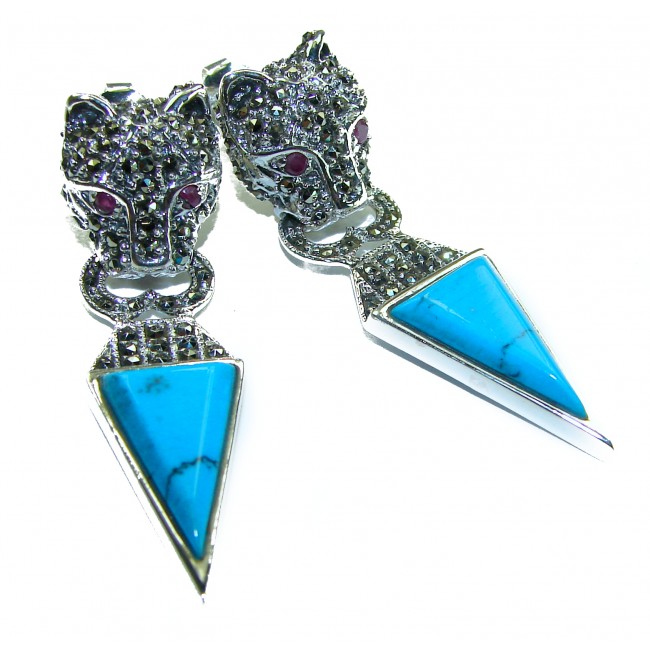 Spectacular Blue Cheetah inlay Turquoise .925 Sterling Silver handcrafted Earrings